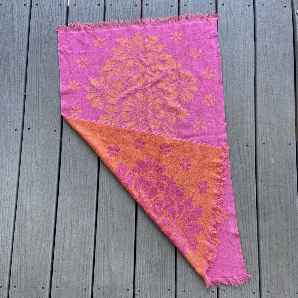 Vintage St Marys Fringe Bath Towel Retro Pink Orange Floral Damask Jacquard MCM